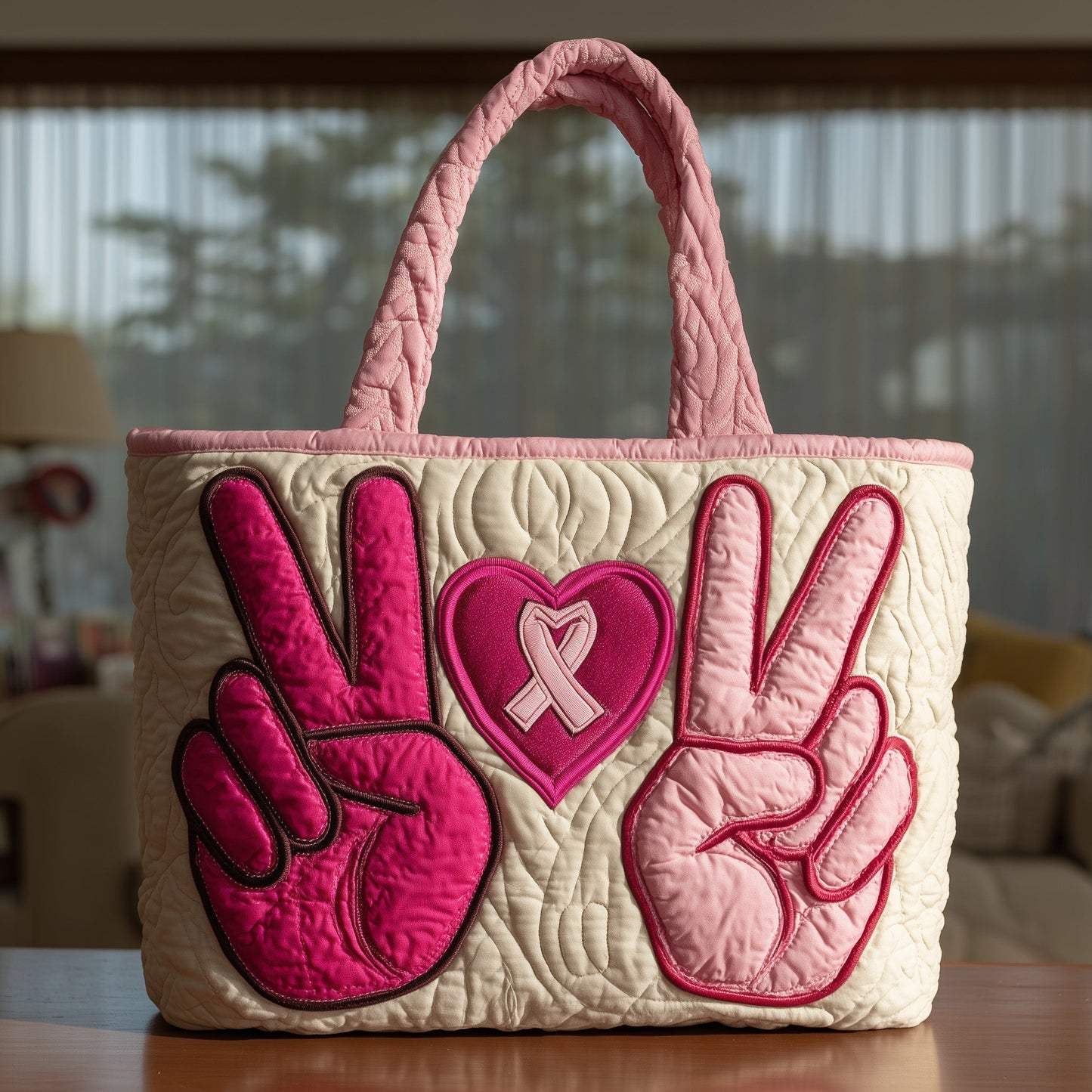 Breast Cancer Ribbon Heart Quilted Tote