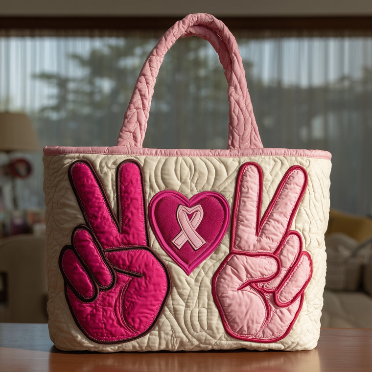 Breast Cancer Ribbon Heart Quilted Tote