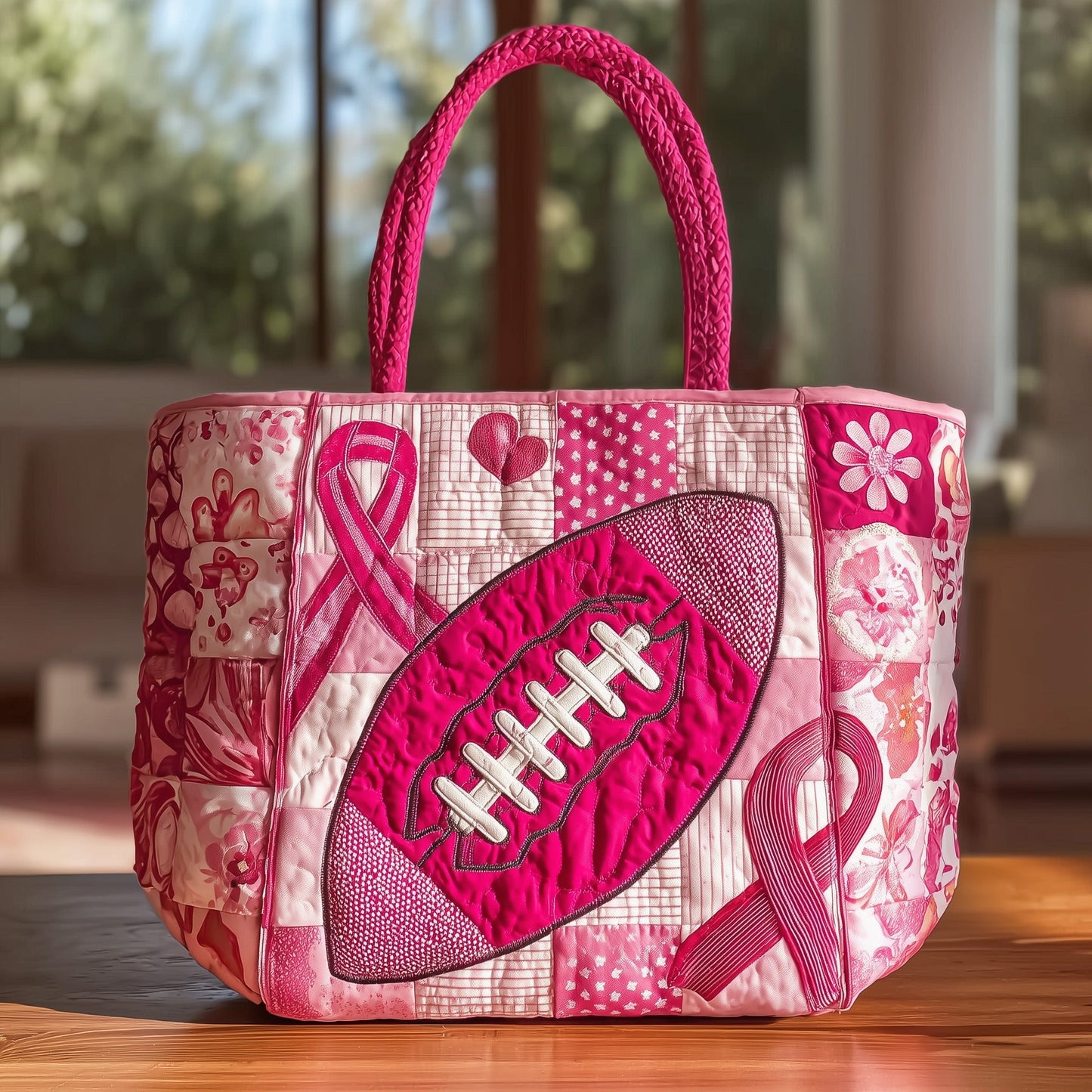 Pink Football Ribbon Quilted Tote