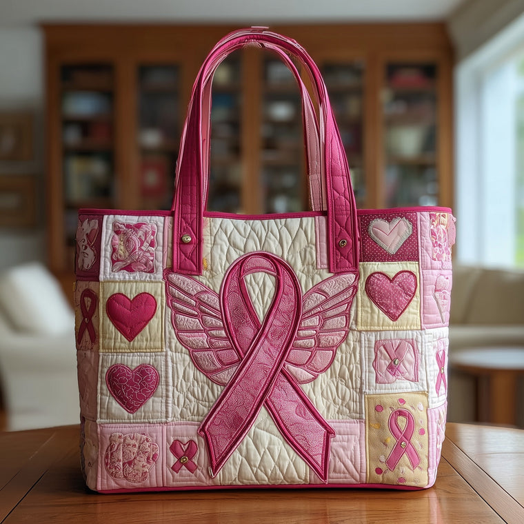 Pink Ribbon Butterfly Quilted Tote