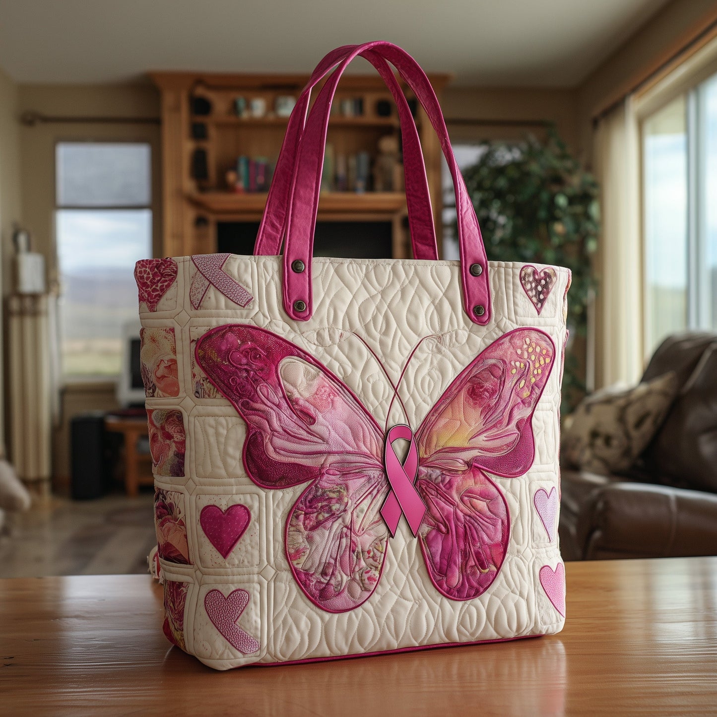 Pink Butterfly Ribbon Tote Bag