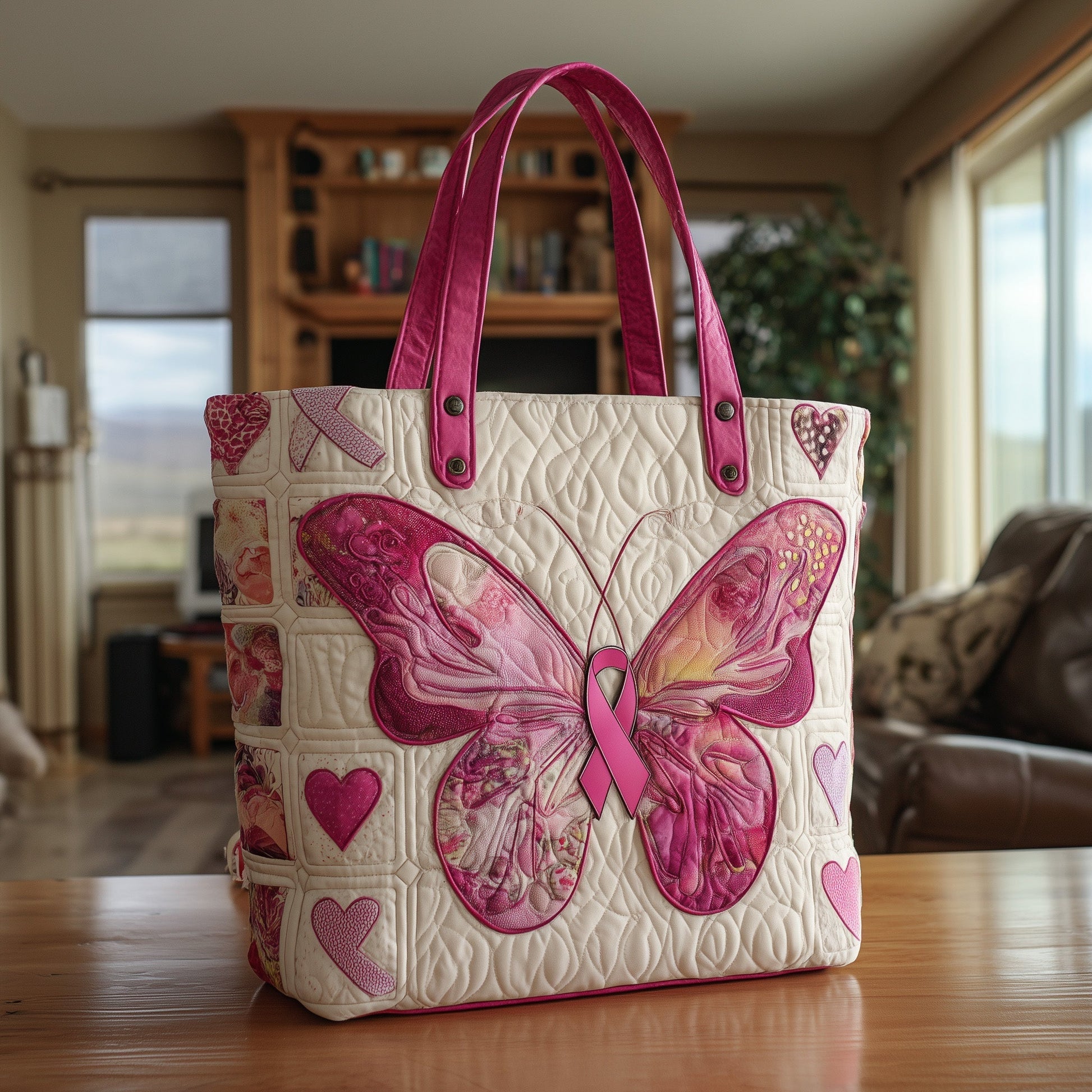 Pink Butterfly Ribbon Tote Bag
