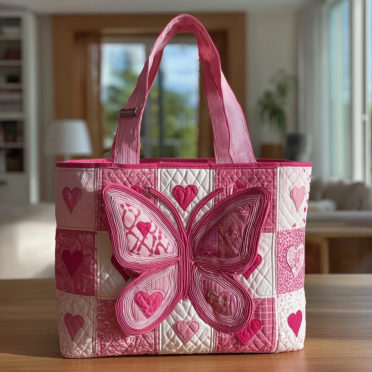 Pink Butterfly Patchwork Quilted Tote