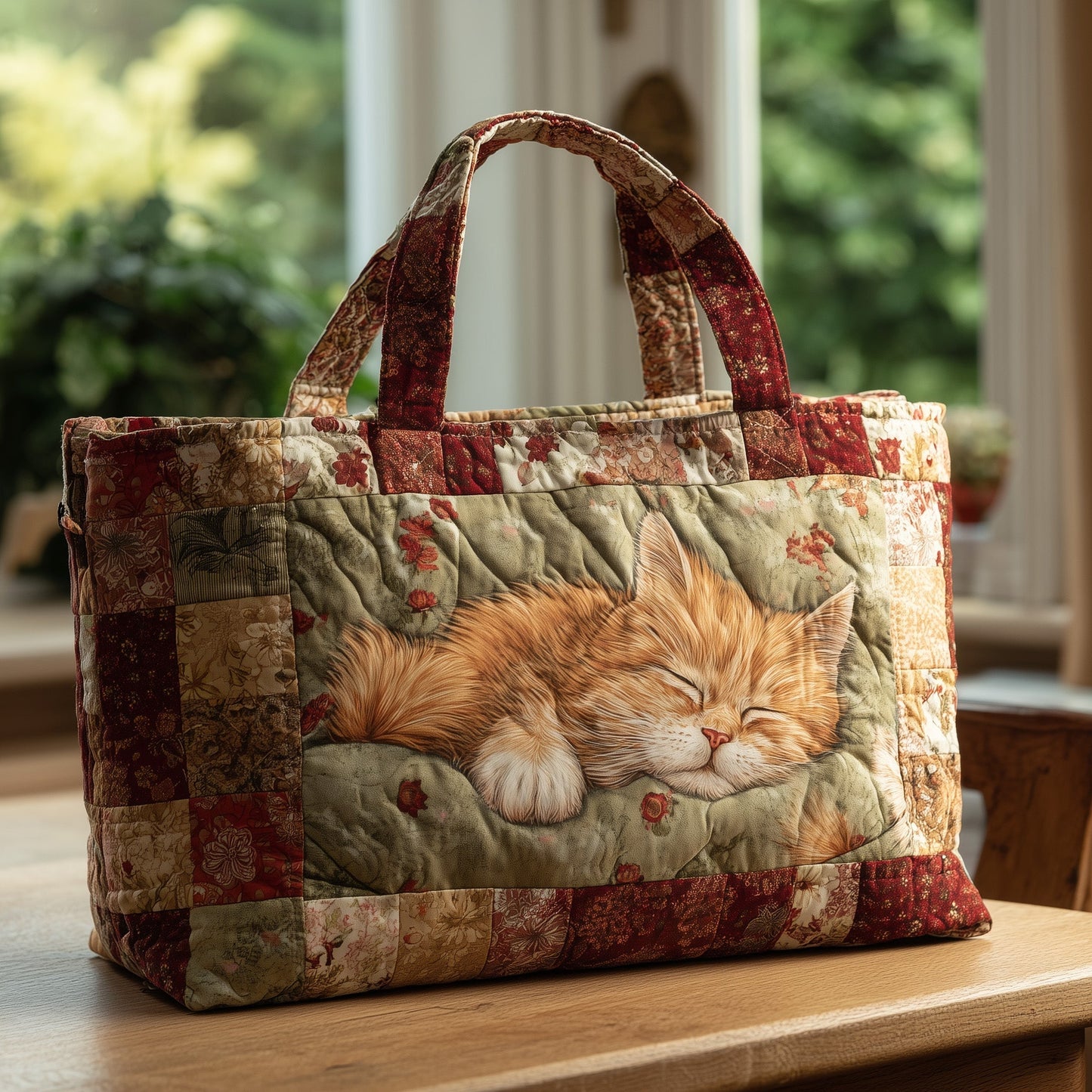 Sleeping Cat Illustration Quilted Tote
