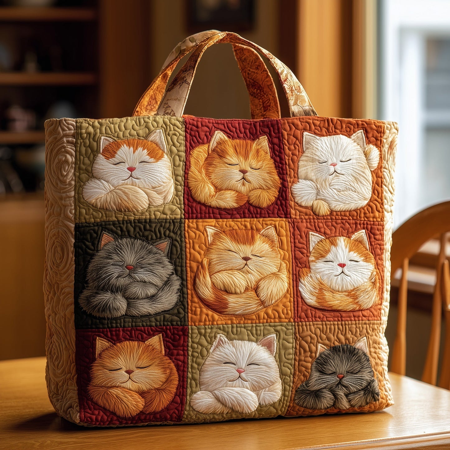 Sleeping Cats Embroidery Quilted Tote