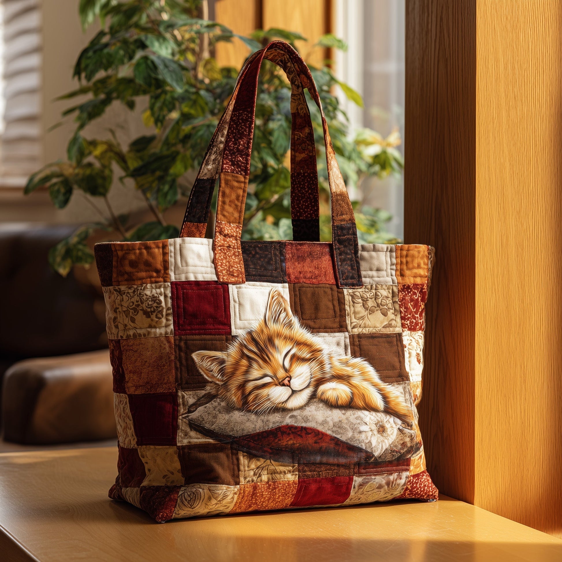 Sleeping Cat On Patchwork Quilted Tote