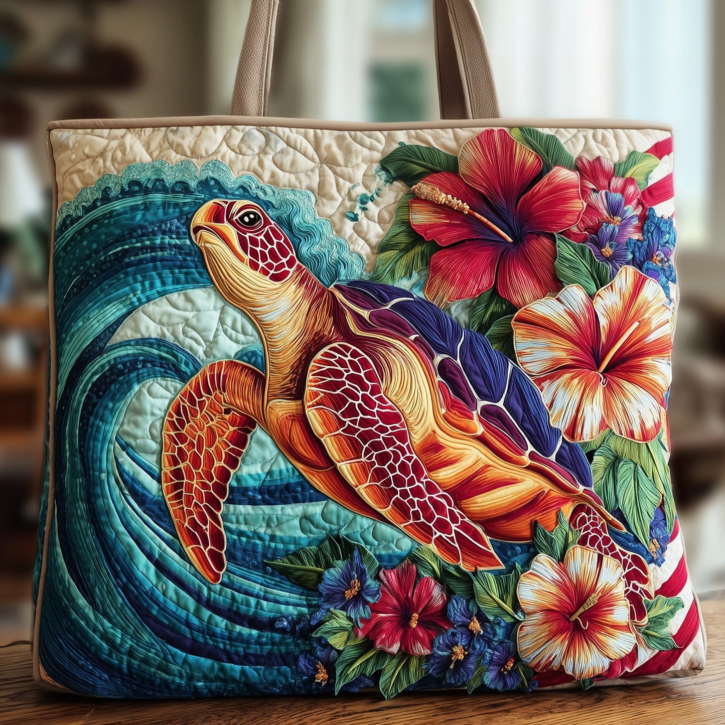 Colorful Turtle Flowers Quilted Tote