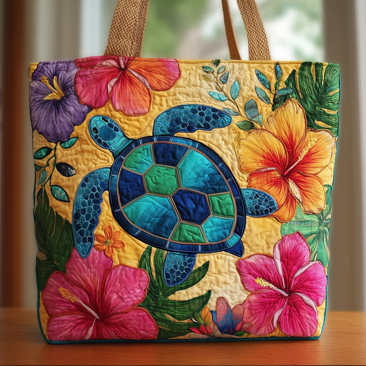 Turtle Tropical Flowers Quilted Tote