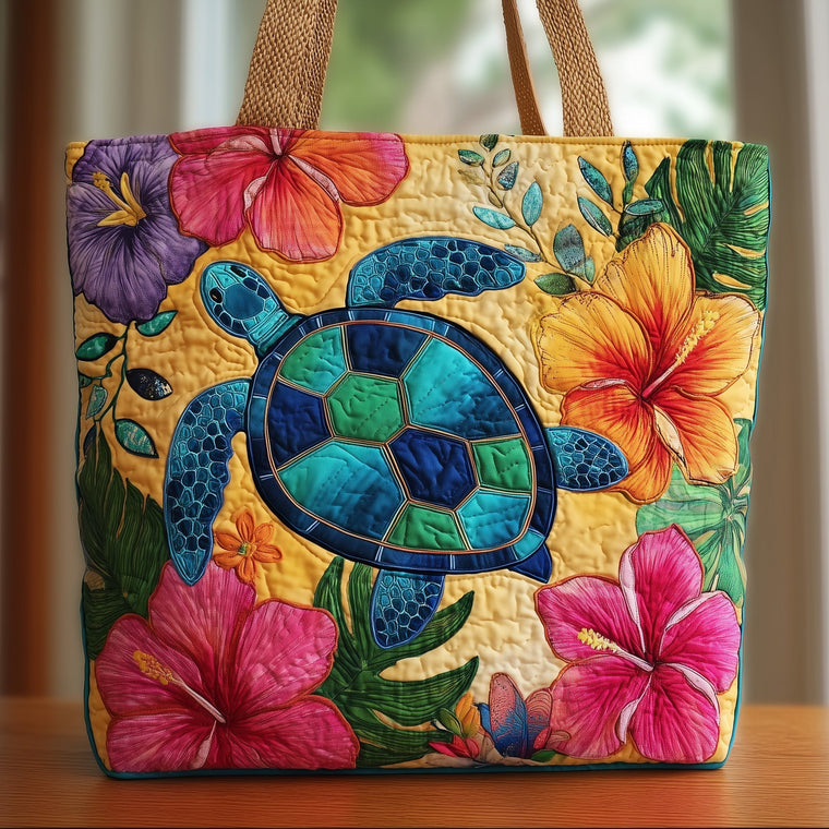 Turtle Tropical Flowers Quilted Tote