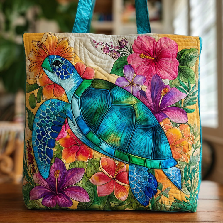 Colorful Turtle Floral Quilted Tote