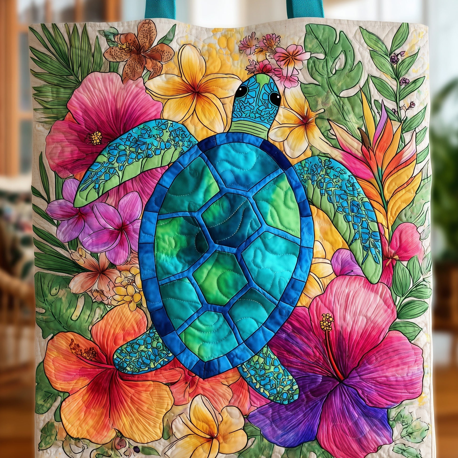 Sea Turtle Tropical Flowers Tote Bag