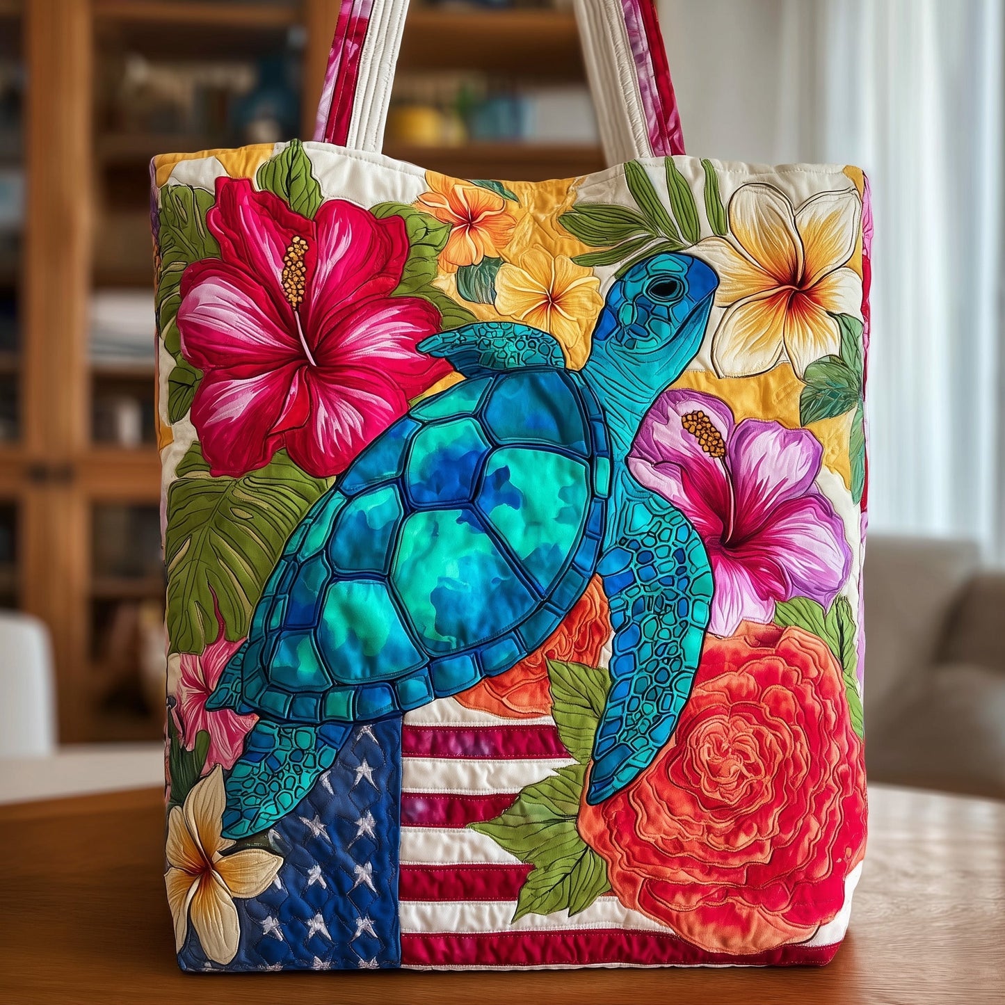 Boho Floral Turtle Quilted Tote
