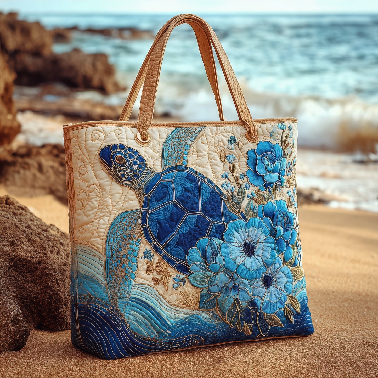 Blue Turtle Flowers Quilted Tote