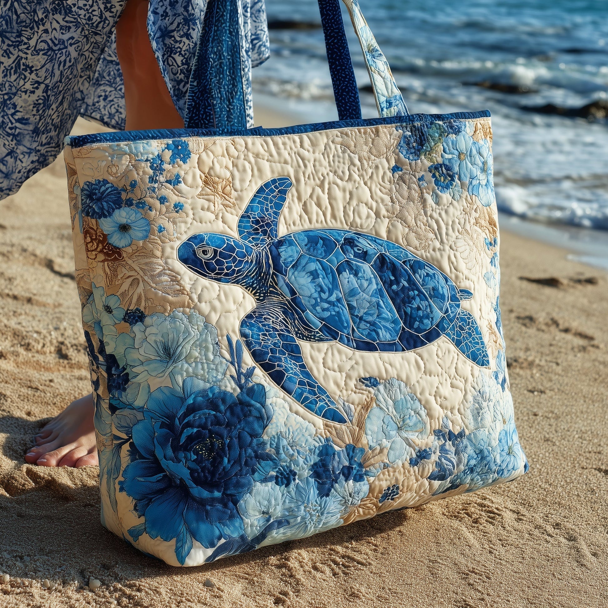 Blue Turtle Flowers Tote Bag