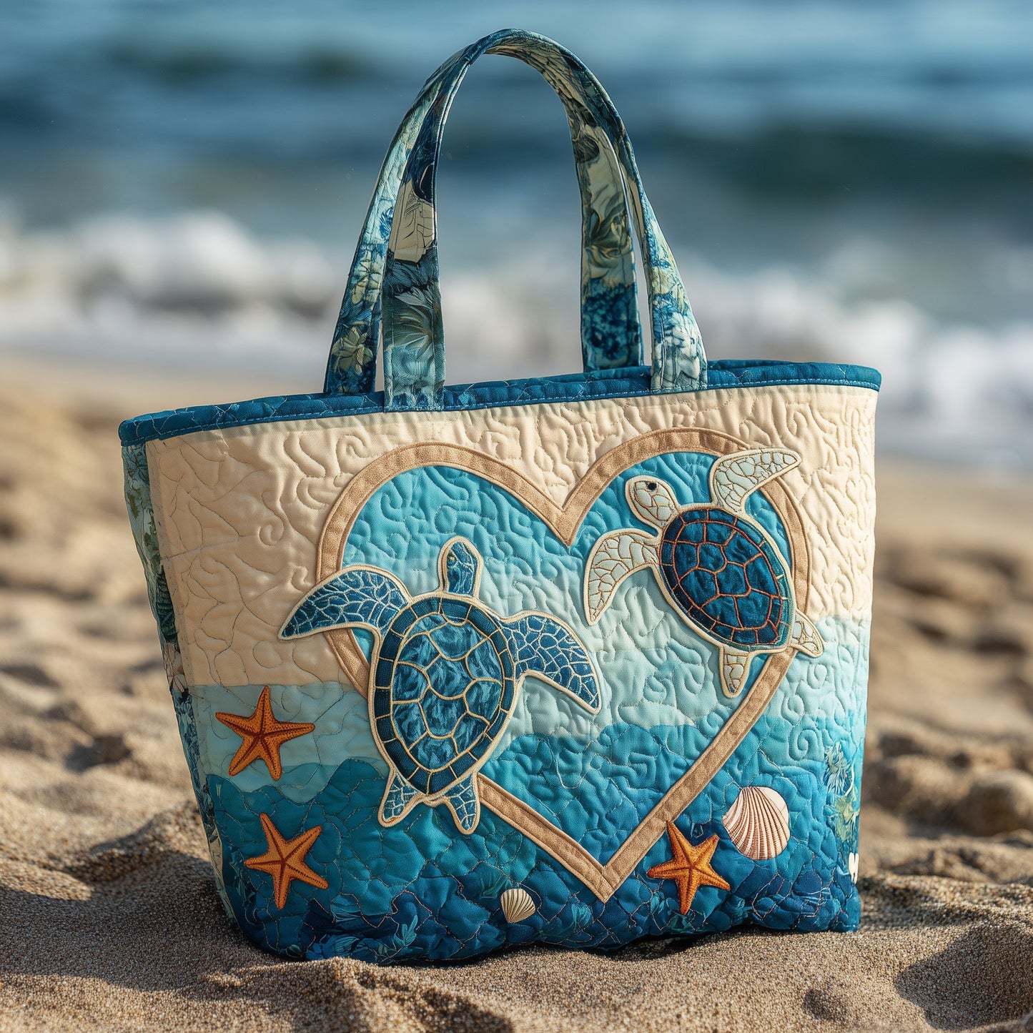 Sea Turtles Heart Starfish Quilted Tote