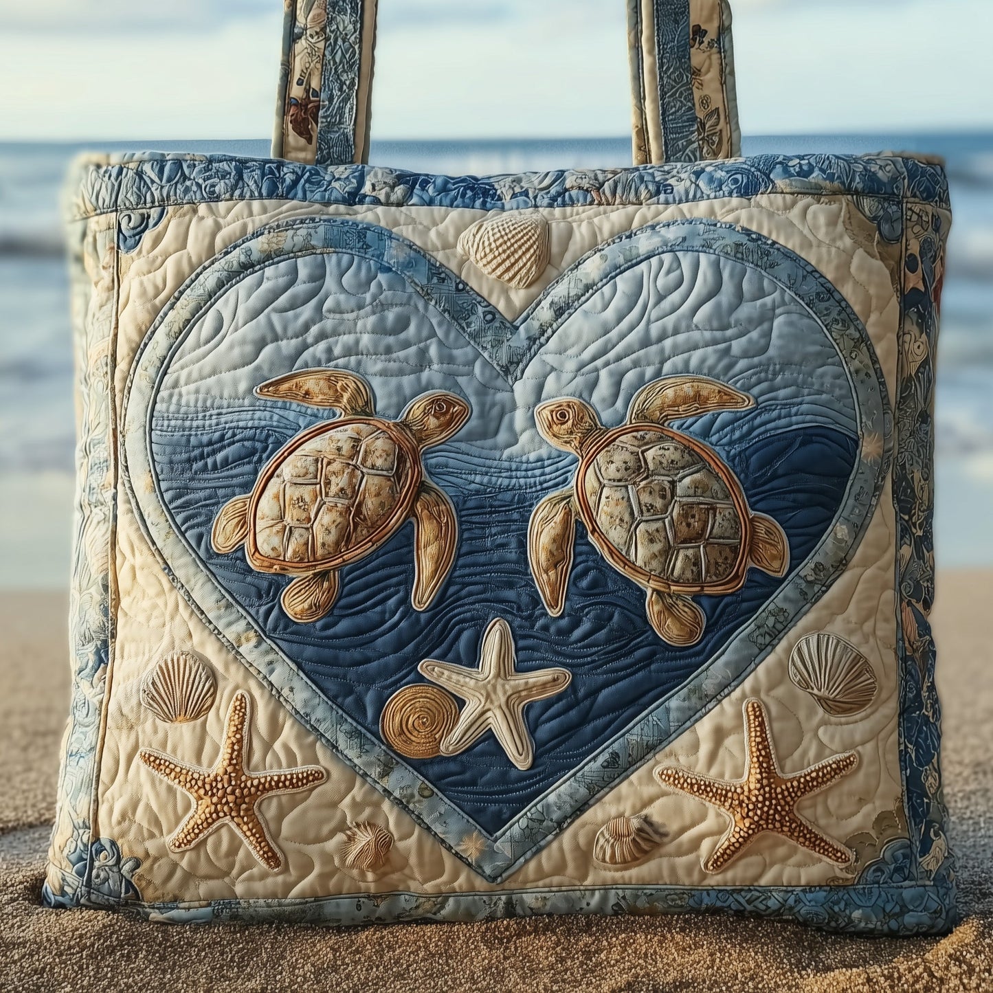 Sea Turtles Seashells Quilted Tote