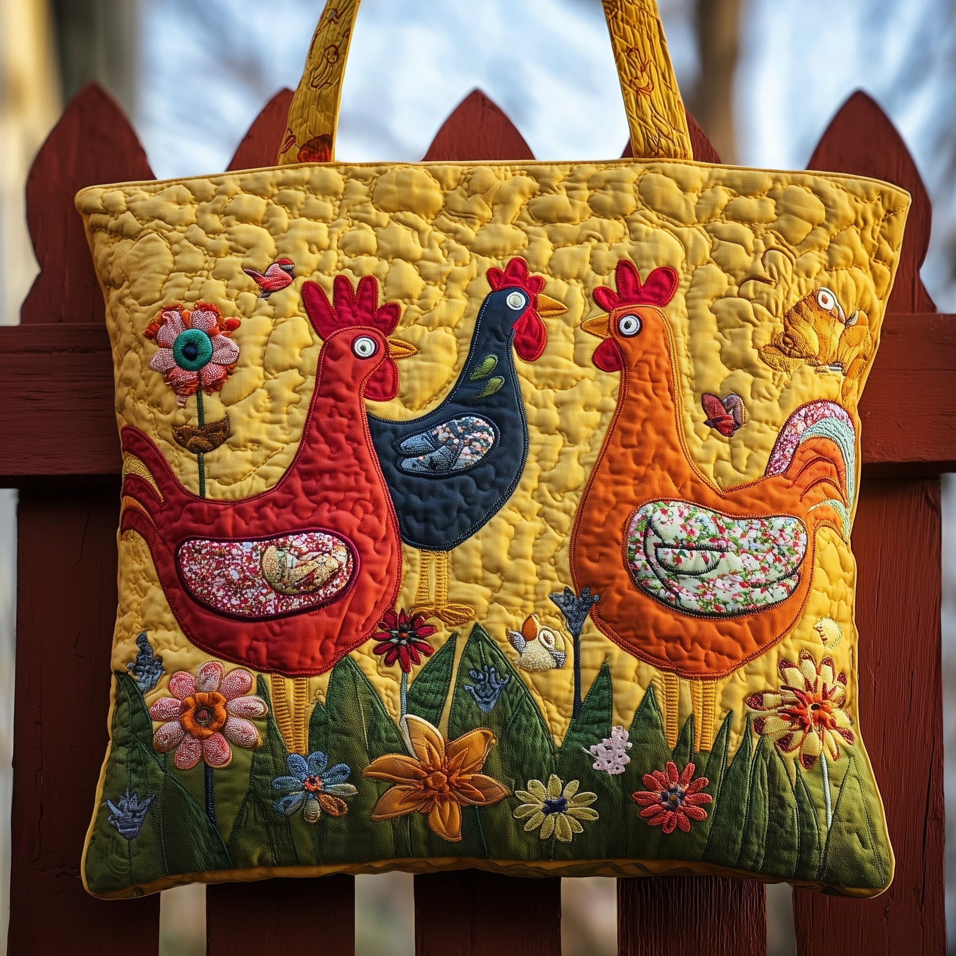 Colorful Chickens Flowers Tote Bag