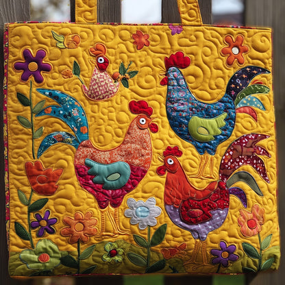 Colorful Roosters Flowers Quilted Tote