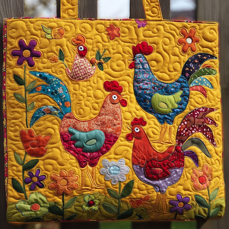 Colorful Roosters Flowers Quilted Tote