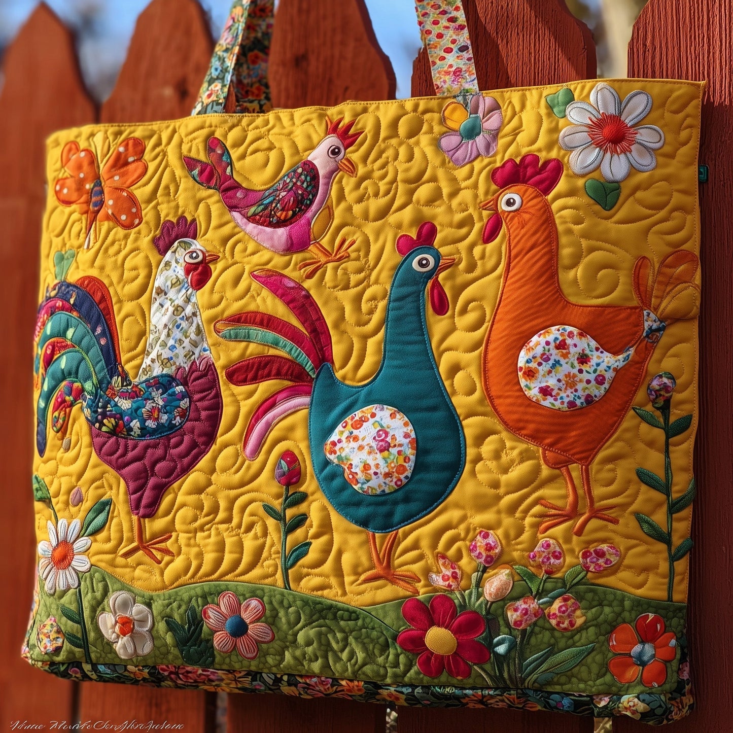 Colorful Rooster Chickens Quilted Tote