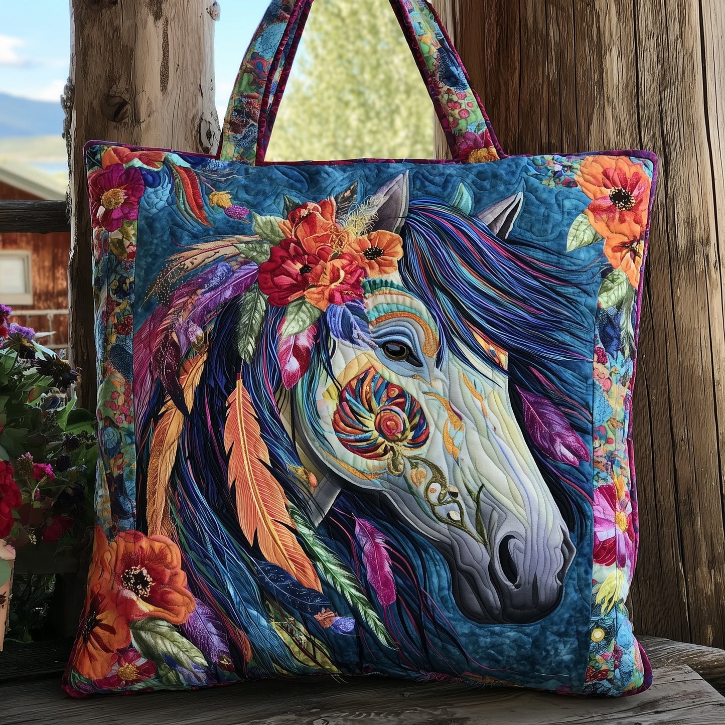 Colorful Horse Flowers Quilted Tote