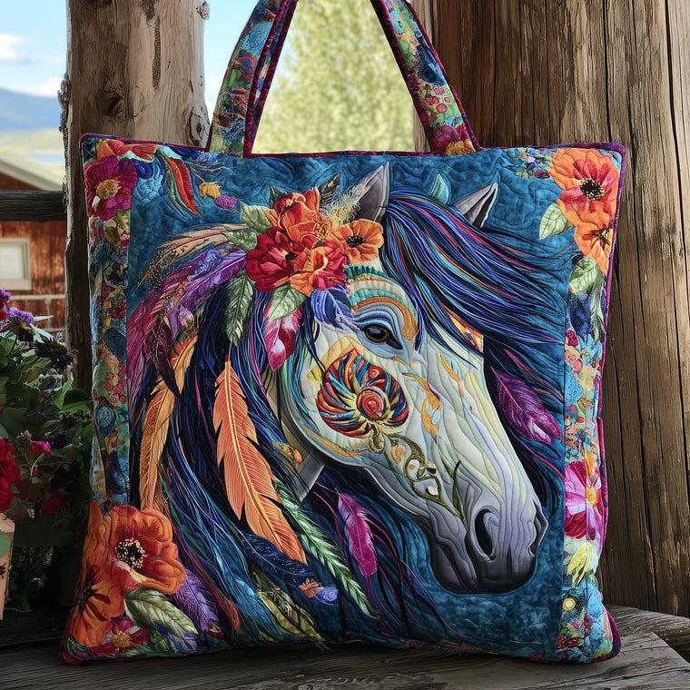 Colorful Horse Flowers Quilted Tote