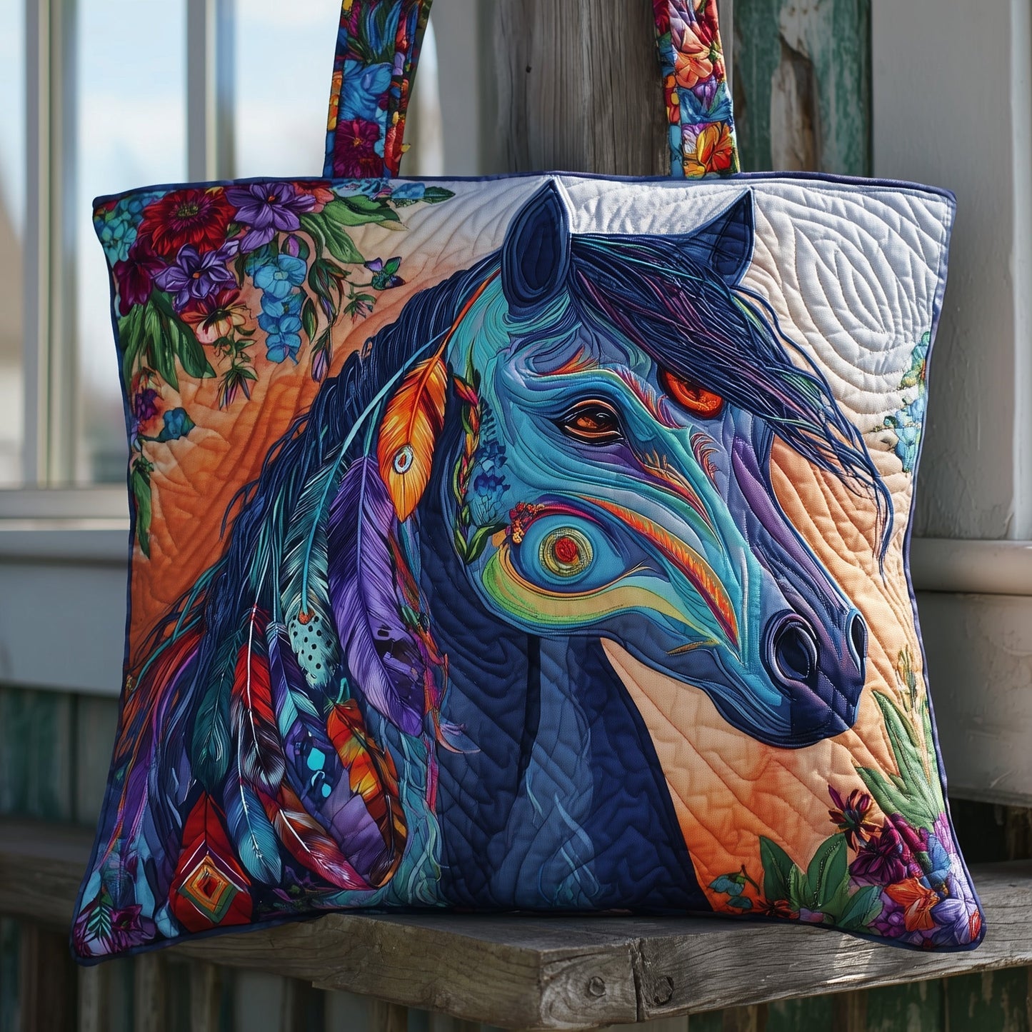 Colorful Horse Portrait Quilted Tote
