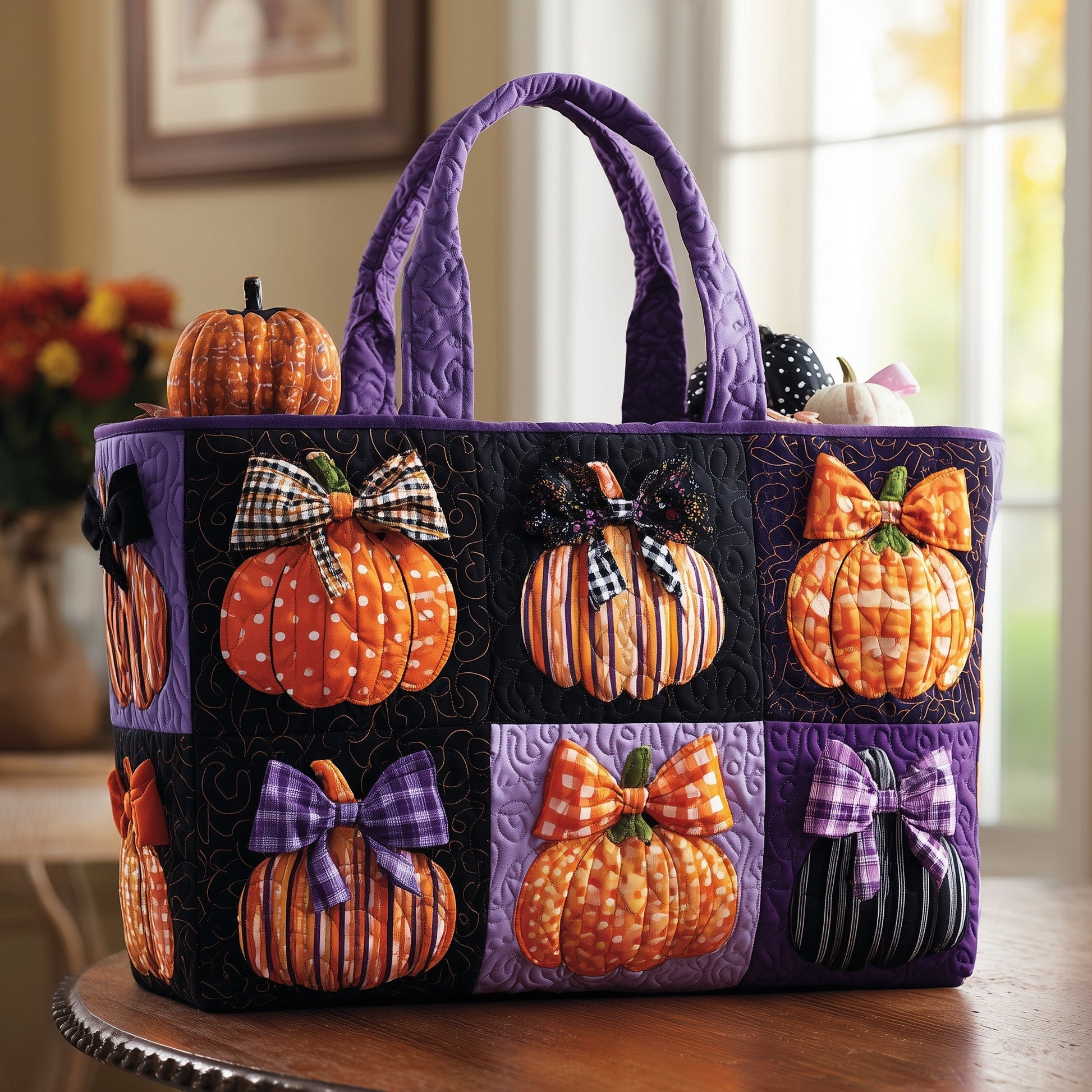 Decorative Pumpkins Bows Quilted Tote