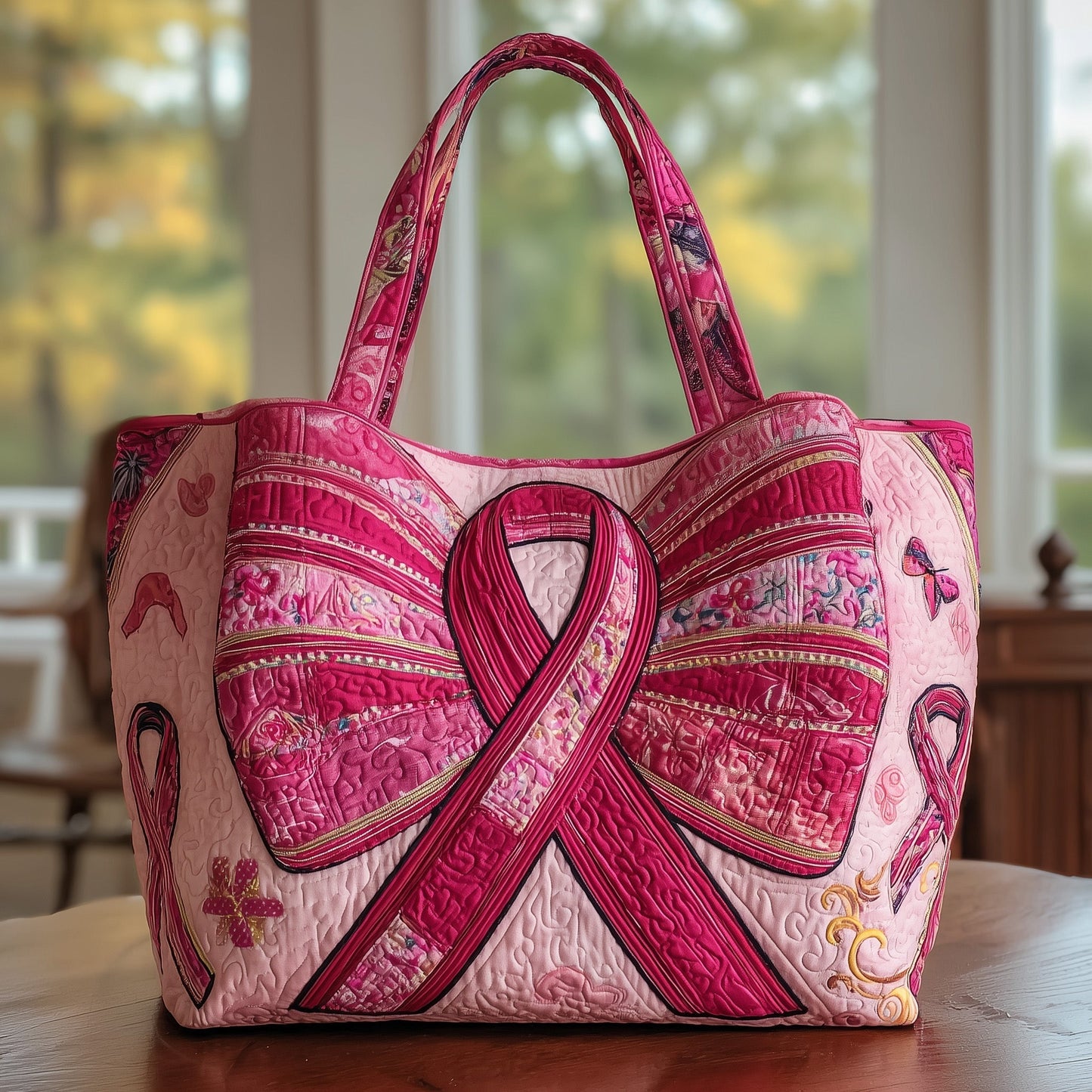 Pink Breast Cancer Ribbon Quilted Tote