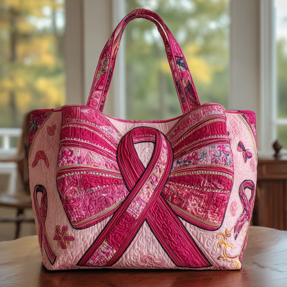 Pink Breast Cancer Ribbon Quilted Tote