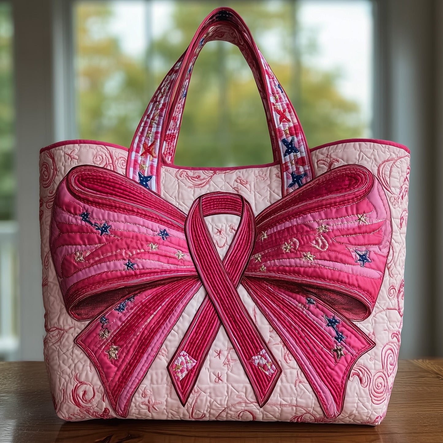 Pink Ribbon Bow Quilted Tote