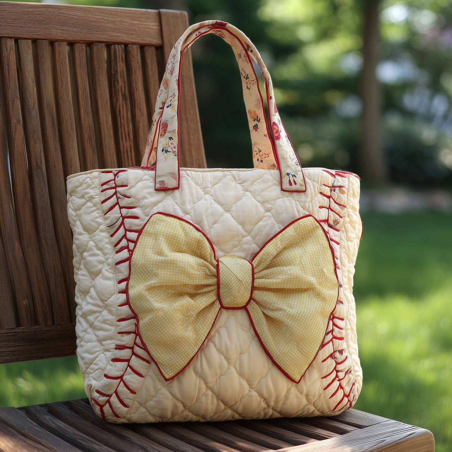 Softball Stitching Bow Quilted Tote