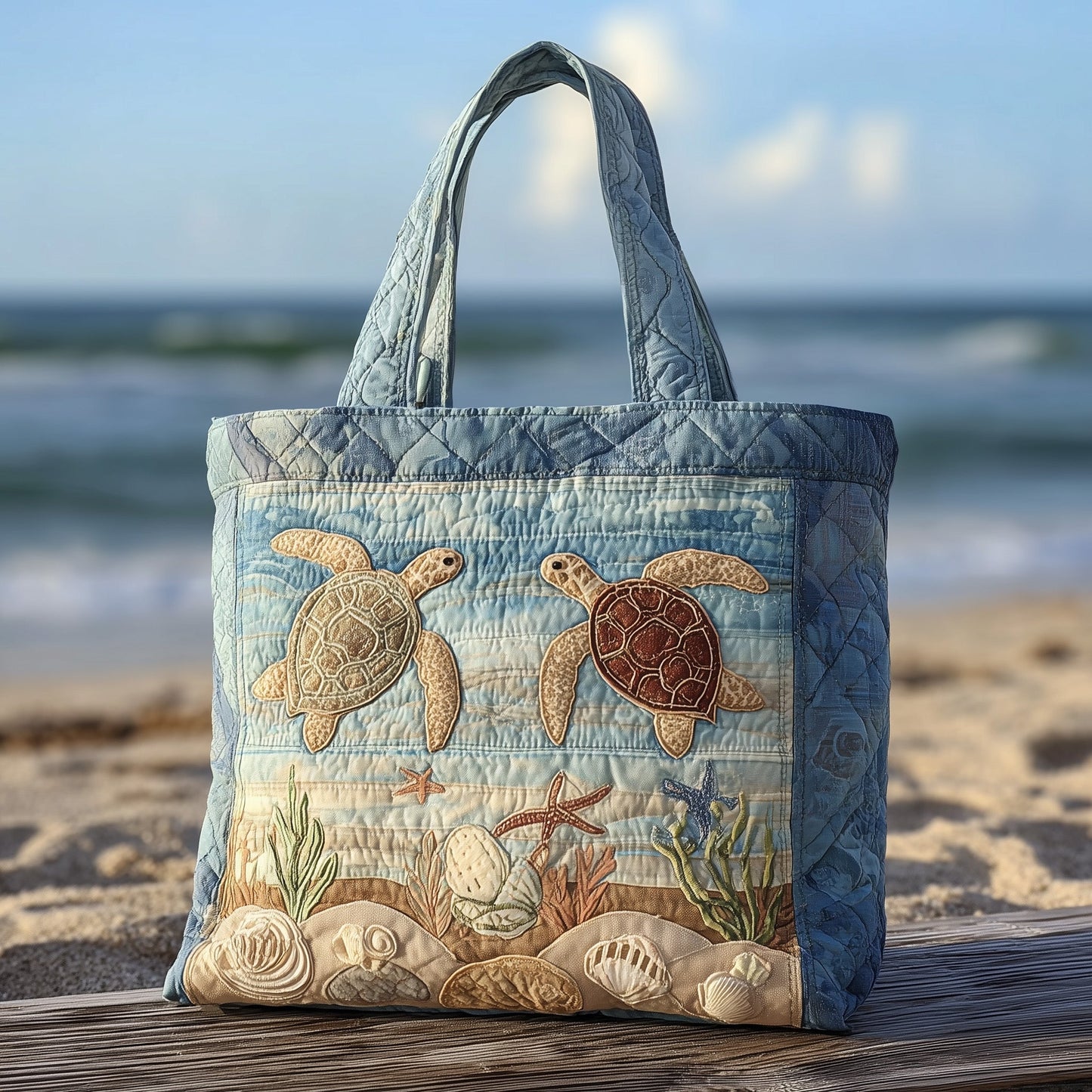 Everyday Turtles Seashells Quilted Tote