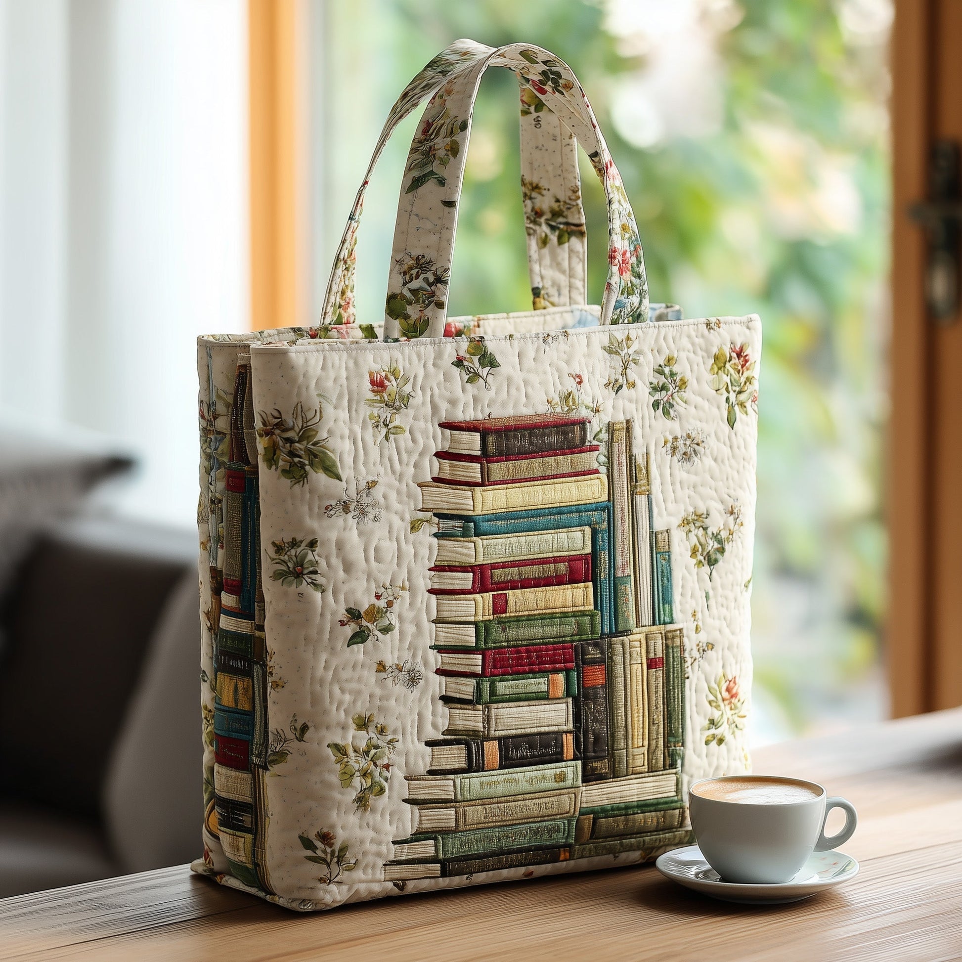 Stacked Books Illustration Quilted Tote