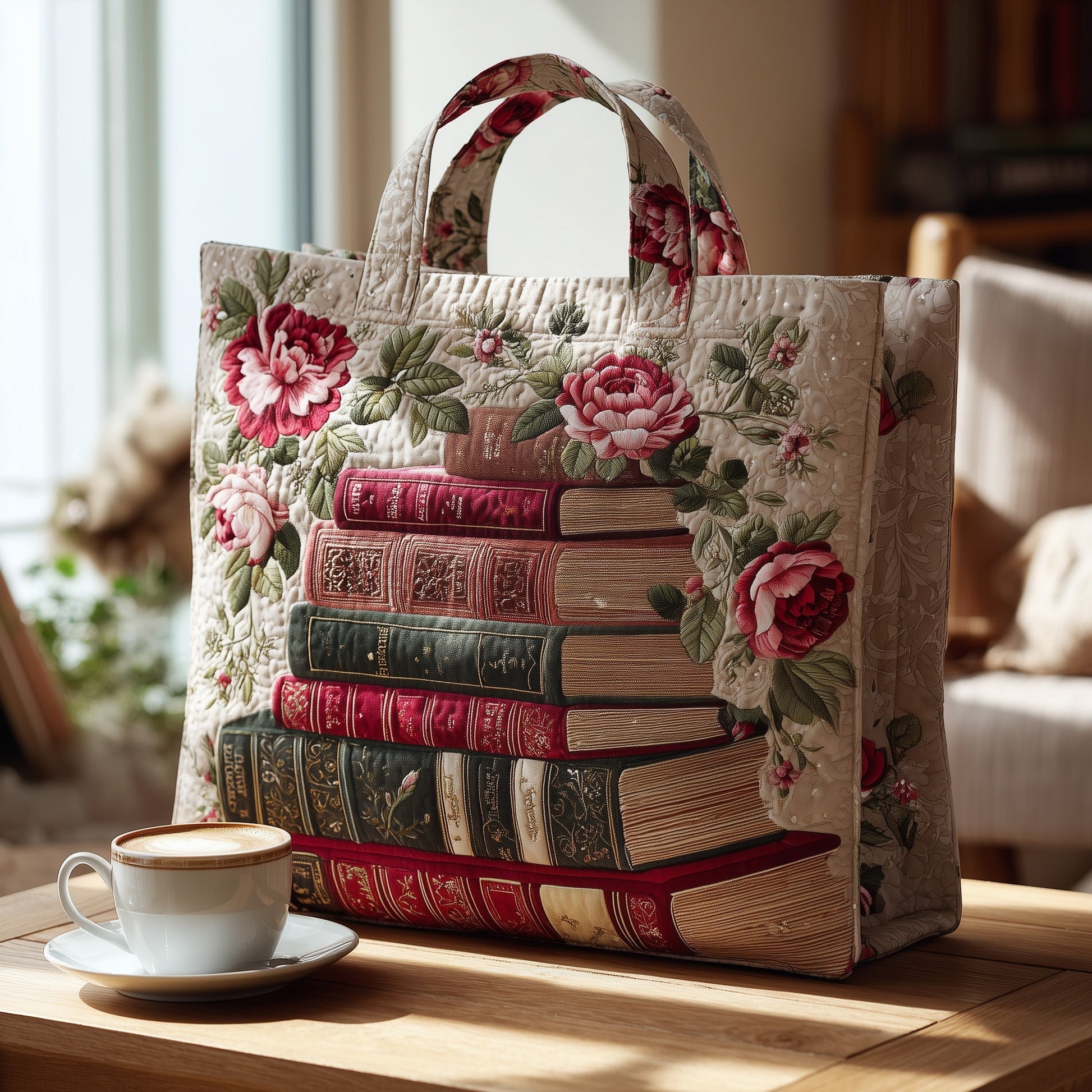 Stacked Books Roses Quilted Tote