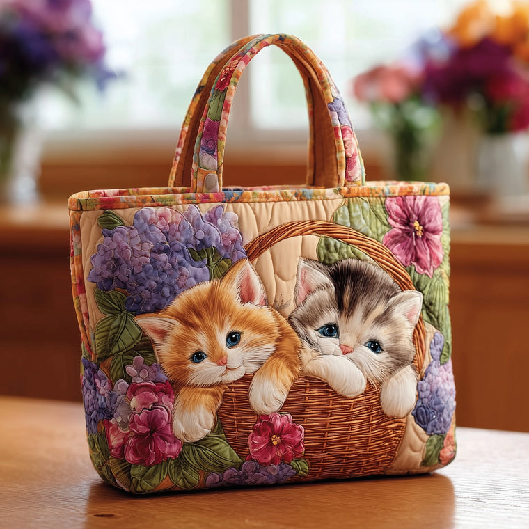 Two Kittens In Basket Quilted Tote