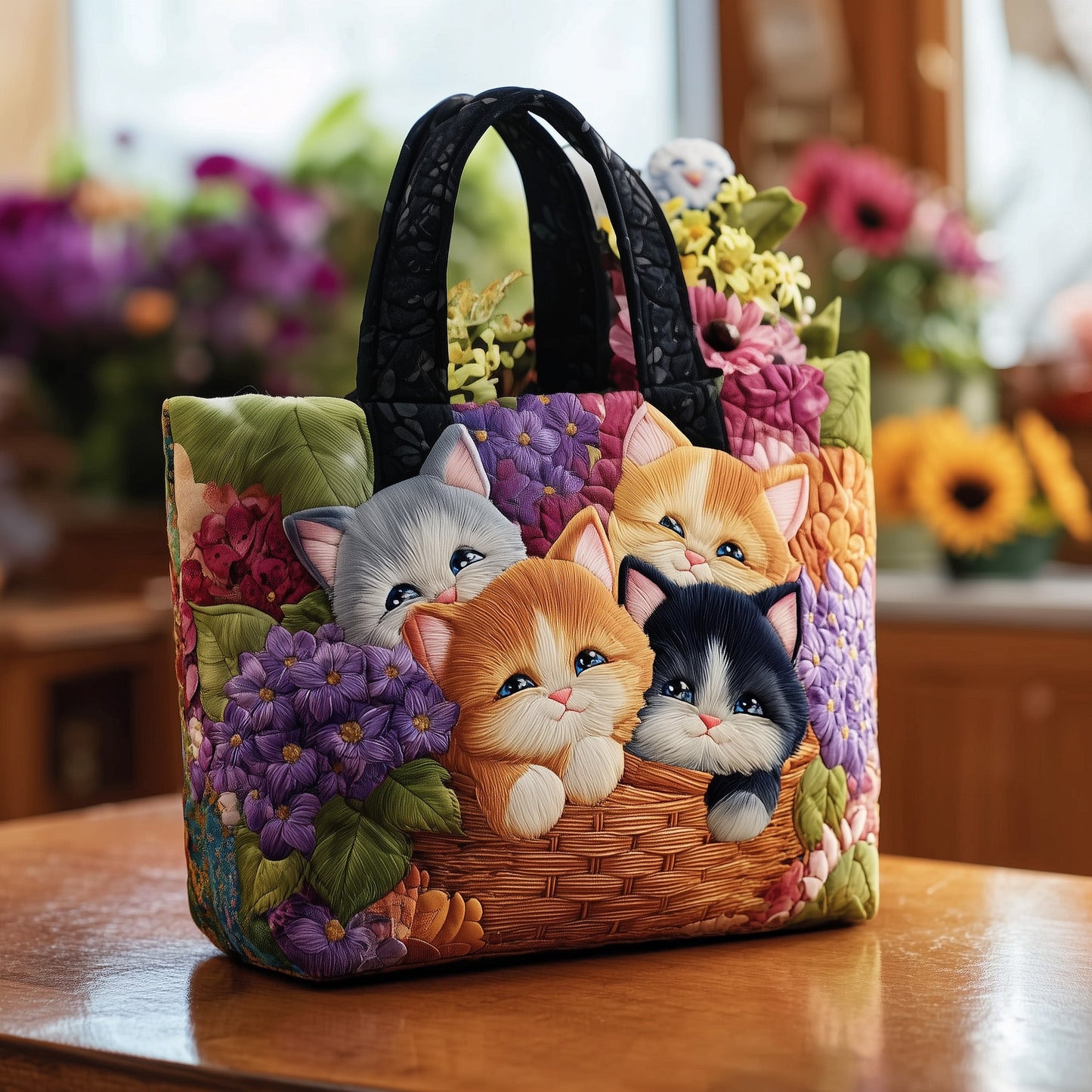 Playful Cats In Basket Quilted Tote