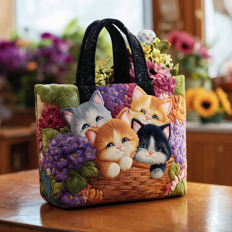 Playful Cats In Basket Quilted Tote