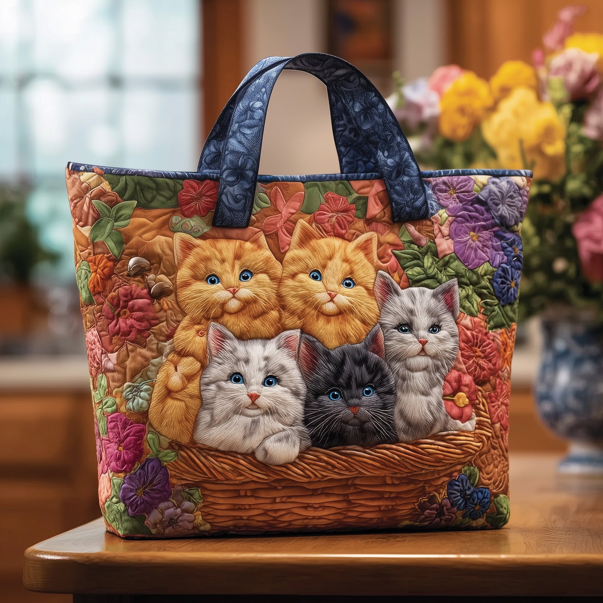 Kittens In Basket Quilted Tote