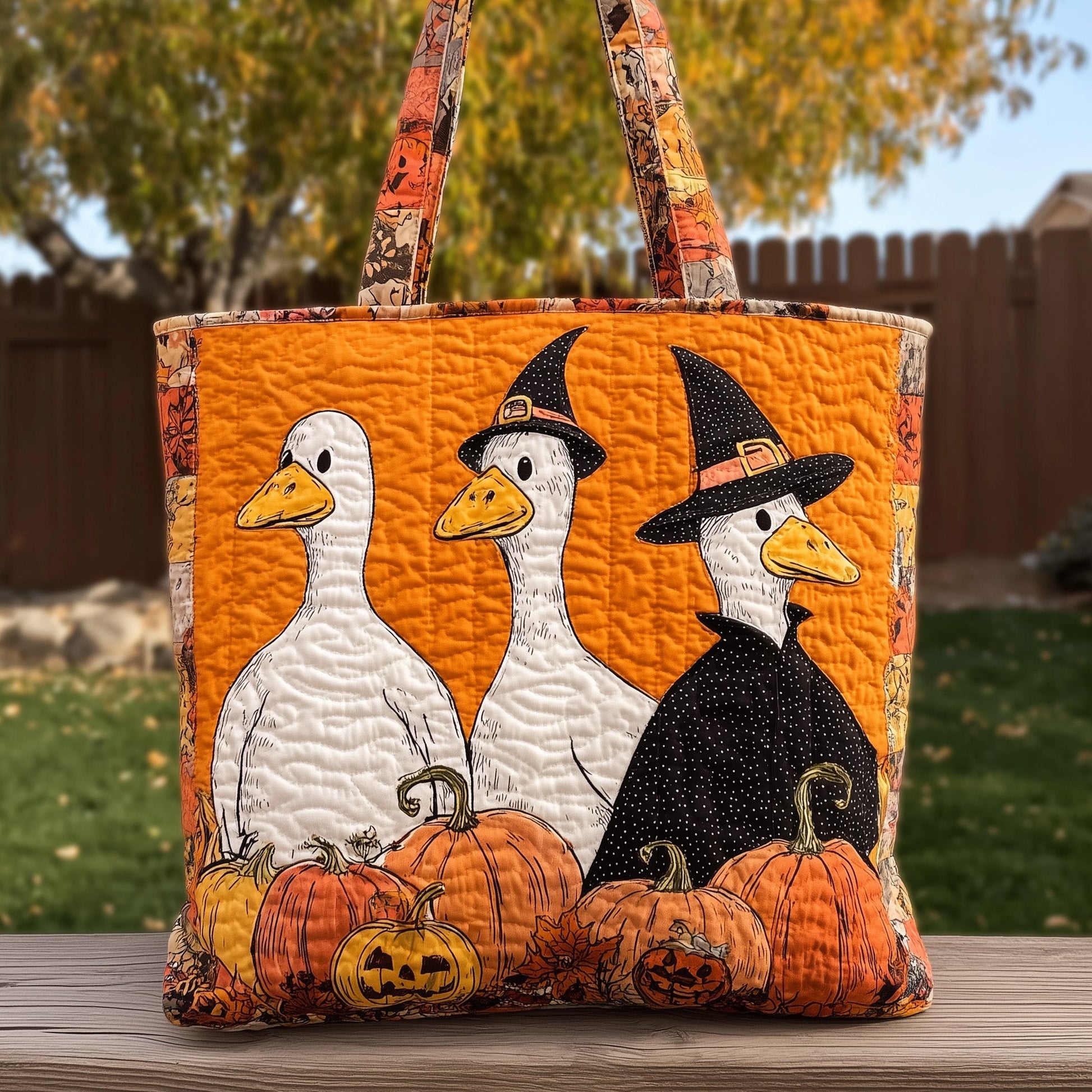 Goose Halloween Pumpkins Quilted Tote
