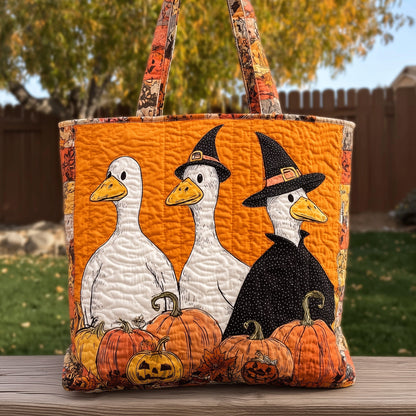 Goose Halloween Pumpkins Quilted Tote