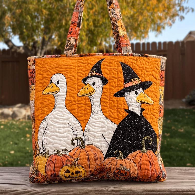 Goose Halloween Pumpkins Quilted Tote