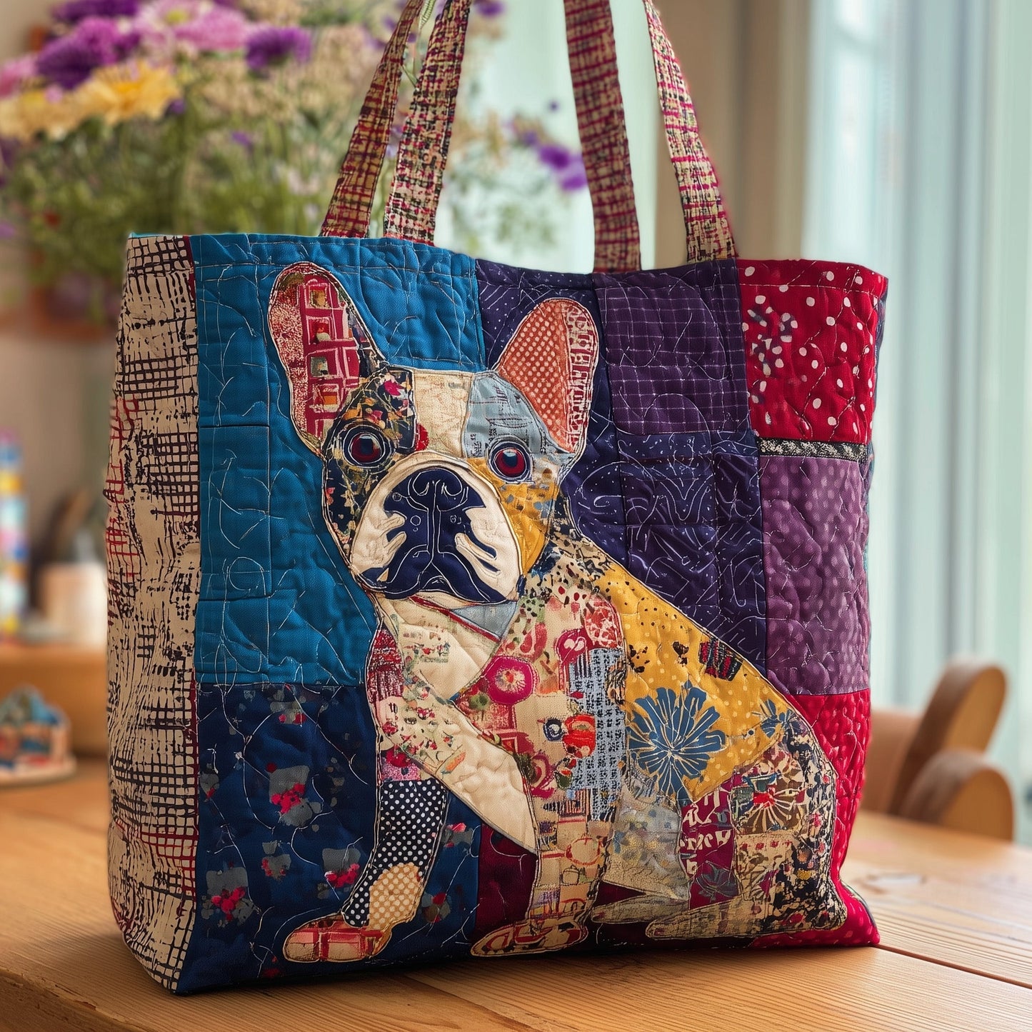 Colorful French Bulldog Patchwork Quilted Tote