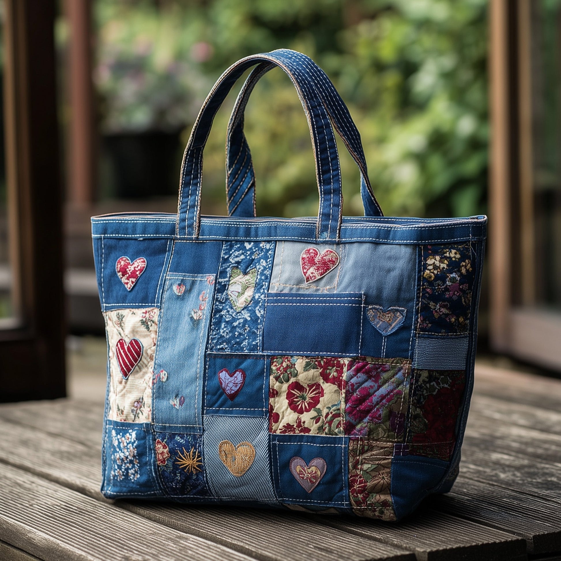 Indigo Floral Patchwork Quilted Tote