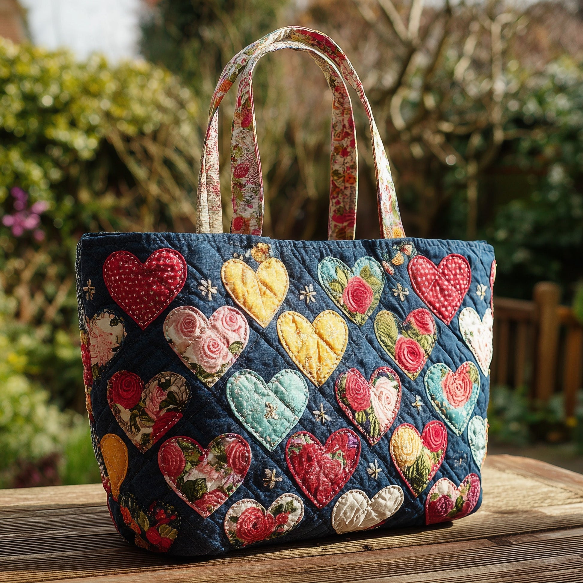 Colorful Floral Hearts Quilted Tote