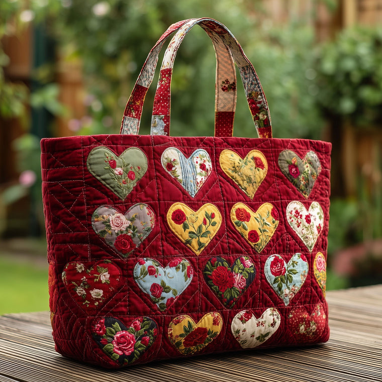 Patchwork Floral Hearts Quilted Tote