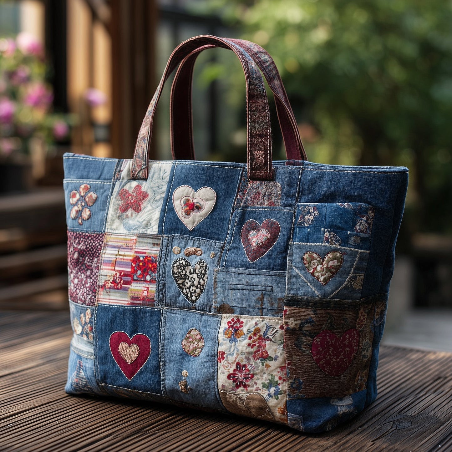 Patchwork Hearts Flowers Tote Bag
