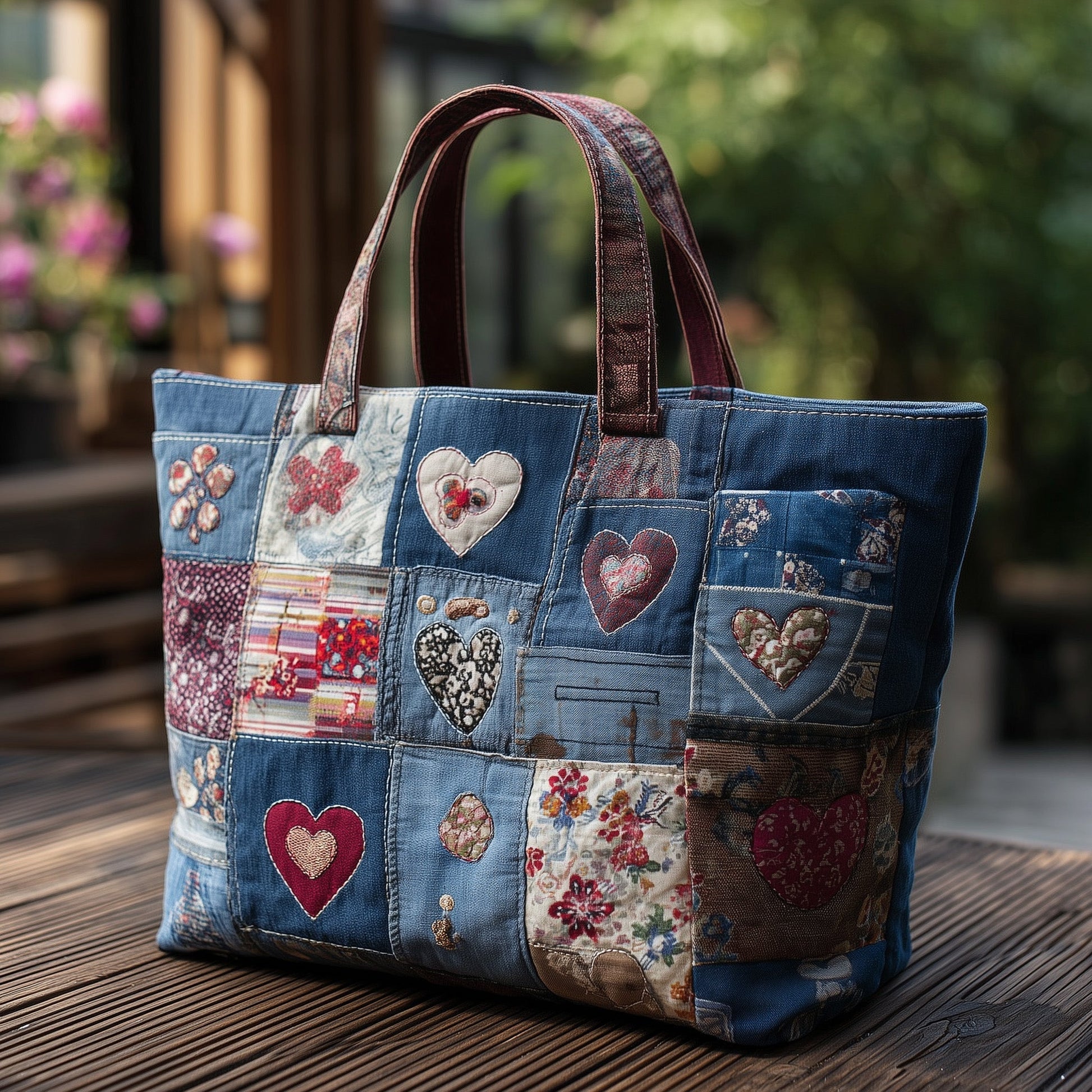 Patchwork Hearts Flowers Tote Bag
