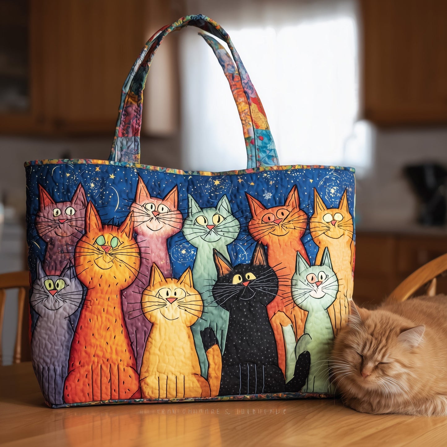 Colorful Cats Illustration Quilted Tote