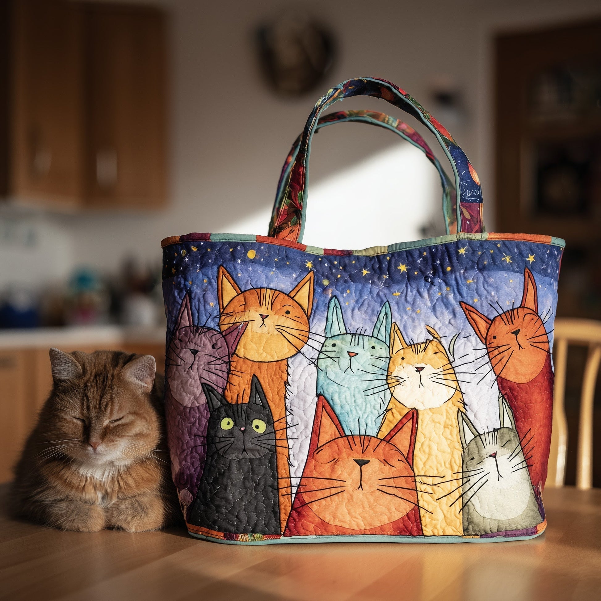 Colorful Whimsical Cats Quilted Tote